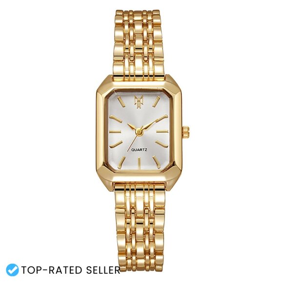 Gold Steel Strap Square Wristwatch Minimalist Elegant Casual Fashion Quartz